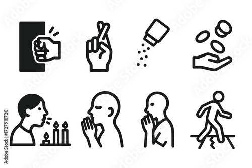 Superstition Icon Set. Solid, filled icon set of superstitious actions: knocking on wood, crossing fingers, throwing salt, tossing coins, blowing out candles,