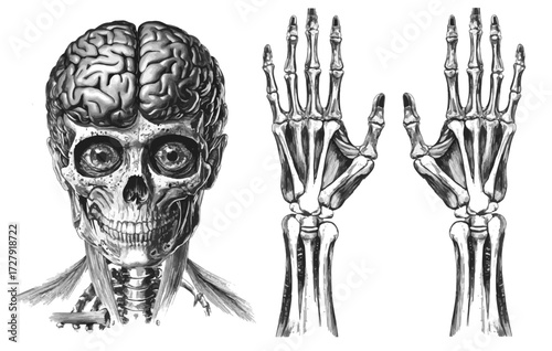 Intricate anatomical illustration of a human skull with brain and hand bones, perfect for medical textbooks or educational resources on anatomy