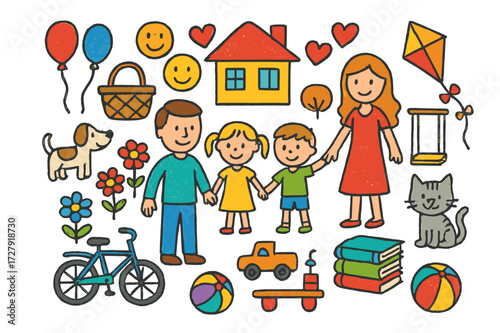 Colorful Family Doodle. Family life. Colorful Hand-drawn doodle Children illustration Parents, children, house, pets, hearts, toys, bicycle, picnic basket,