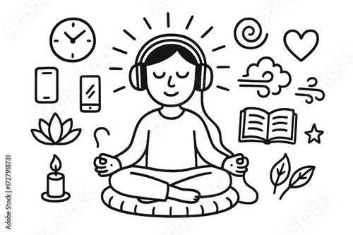Guided Meditation Doodle. Hand-drawn doodle illustration Guided meditation practice person cross-legged, headphones, phone, lotus flower, cushion, light rays,