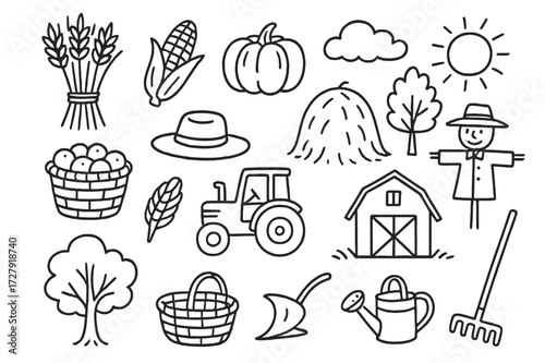 Harvest Season Doodle. Hand-drawn doodle illustration Harvest season Wheat bundle, corn, pumpkin, haystack, basket, farmer hat, tractor, barn, scarecrow, tree,