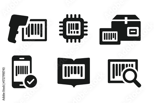 Barcode Icon Set. Solid, filled icon set of barcode process: scanning, decoding, printing, labeling, tracking, validating, reading, verifying. [Line icons in