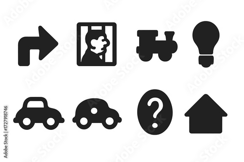 Monopoly Icon Grid. Solid, filled icon set of monopoly board spaces: go, jail, free parking, railroad, utilities, chance, community chest, property. Solid,