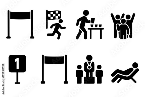 Marathon Race Icon Set. Solid, filled icon set of marathon race stages: start line, pace runner, hydration station, cheering crowd, mile marker, finish chute,