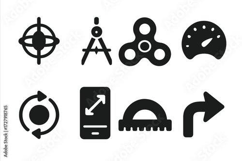 Spin Tool Icons. Solid, filled icon set of spin measurement tools: gyroscope, compass, spinner, speedometer, rotation sensor, accelerometer, protractor, turn