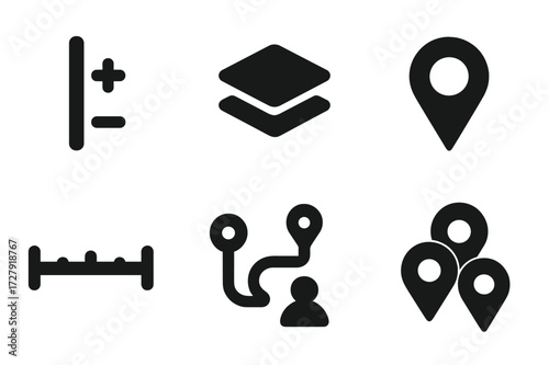 Map Interface Icon Set. Solid, filled icon set of map interface elements: zoom slider, layer toggle, compass needle, search pin, distance ruler, route line,