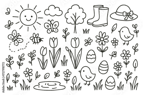 Spring Meadow Doodles. Hand-drawn doodle illustration Spring Meadow tulips, grass, butterflies, bees, sun, clouds, trees, eggs, chicks, flowers, puddles,