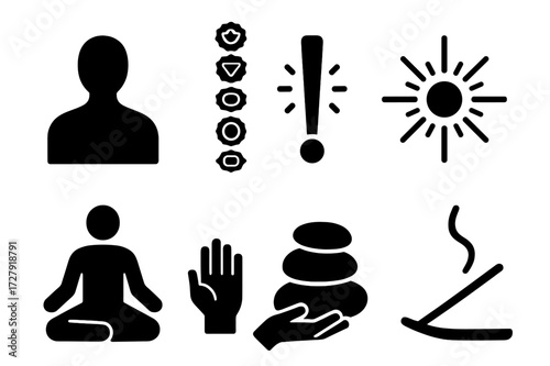 Energy Cleansing Icons. Solid, filled icon set of energy cleansing: aura outline, chakra symbols, light beam, energy burst, meditation circle, cleansing hands,