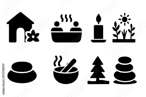 Soothing Icon Set. Solid, filled icon set of soothing touch settings: spa room, hot tub, candlelight, tranquil garden, meditation cushion, sound bowl, nature