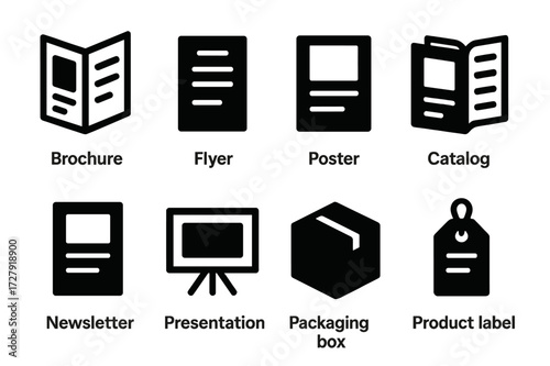Black Icon Branding Set. Solid, filled icon set of branding materials: brochure, flyer, poster, catalog, newsletter, presentation, packaging box, product