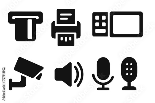 ATM Icon Set. Solid, filled icon set of ATM accessories: card reader, receipt printer, cash dispenser, keypad, touchscreen, security camera, speaker,