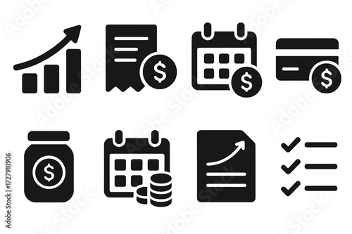 Budgeting Icon Set. Solid, filled icon set of budgeting: income chart, expense tracker, monthly plan, spending limit, goal jar, calendar with coins, forecast
