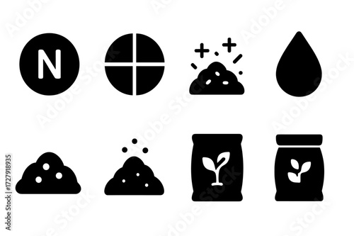 Compost Additives Icons. Solid, filled icon set of compost additives: nitrogen, carbon, lime, compost activator, water, soil, ash, fertilizer bag. [Line icons
