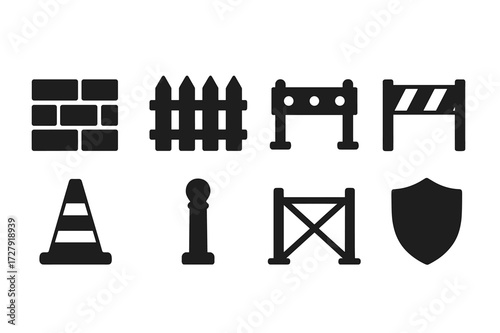Protective Barriers Icons. Solid, filled icon set of protective barriers: wall, fence, guardrail, barrier tape, safety cone, bollard, metal gate, shield wall.