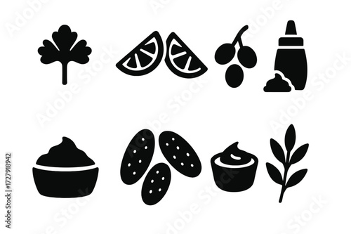 Meat Platter Icons. Solid, filled icon set of meat platter garnishes: parsley, lemon wedges, olives, mustard, horseradish, pickles, dipping sauce, fresh herbs.