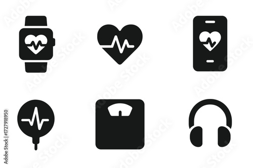 Wellness Tech Icons. Solid, filled icon set of wellness technology: smartwatch, heart rate monitor, fitness tracker, mobile health app, pulse sensor, smart