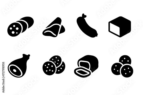 Charcuterie Icon Set. Solid, filled icon set of charcuterie board: salami slices, prosciutto, chorizo, pate, cured ham, pepperoni, smoked meat, meatballs.