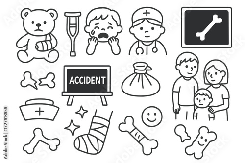 Child's Injury Doodle. Hand-drawn doodle illustration Children's Bone Injury teddy bear with cast, small crutch, kid crying, child doctor icon, cartoon x-ray,