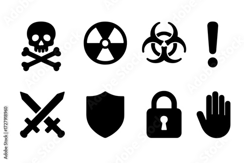 Forbidden Zone Icons. Solid, filled icon set of forbidden zone symbols: skull and crossbones, radioactive trefoil, biohazard logo, exclamation mark, crossed