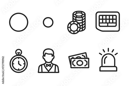 Roulette Icon Set. Outline icon set of roulette accessories: dealer button, ball, chips, table felt, timer, dealer, money stack, casino light. Line icons in