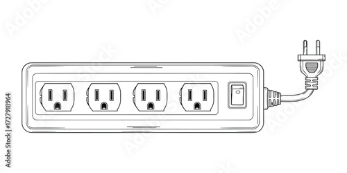Detailed Power Strip Outline Vector Illustration with Multiple Outlets and Switch.