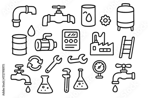 Industrial Pipe Doodle. Hand-drawn doodle illustration industrial pipes and tanks pipe, valve, tank, droplet, barrel, pump, gear, control panel, factory