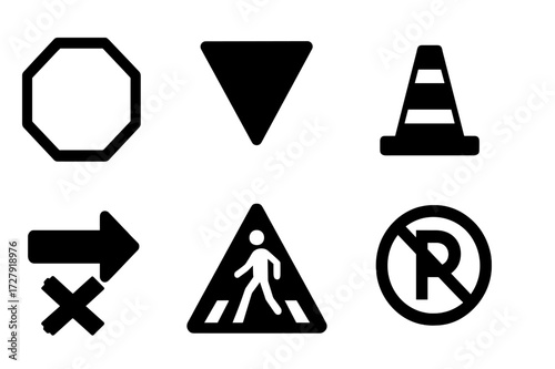 Traffic Warning Icons. Solid, filled icon set of traffic warnings: stop sign, yield sign, roadwork cone, speed bump, detour sign, railroad crossing, pedestrian