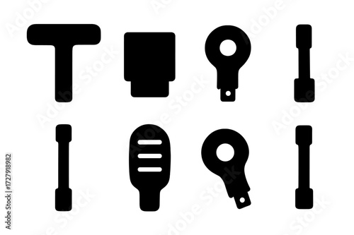 Tool Icon Set. Solid, filled icon set of tuning key parts: handle, socket, ratchet mechanism, magnetic tip, extension arm, grip, rotating head, key shaft.