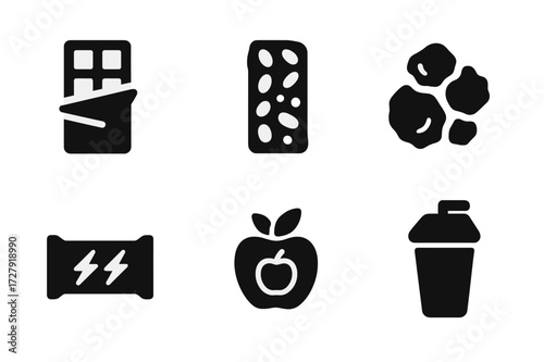 Protein Bar Icons. Solid, filled icon set of protein bar types: chocolate bar, peanut bar, granola bar, nut cluster, energy bar, vegan bar, fruit bar, protein