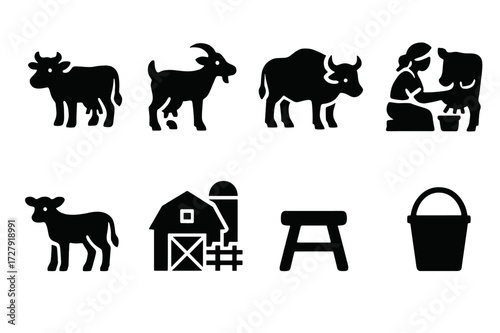 Milk Animals Icons. Solid, filled icon set of animals related to milk offering: cow, goat, buffalo, milkmaid, calf, dairy farm, milking stool, bucket. Solid,