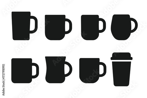 Mug Icon Collection. Solid, filled icon set of mug shapes: tall mug, wide mug, narrow mug, rounded mug, square mug, curved handle, double-walled, travel mug.