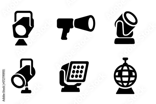 Spotlight Icons Collection. Solid, filled icon set of spotlights: stage spotlight, handheld spotlight, LED spotlight, moving head spotlight, follow spot,