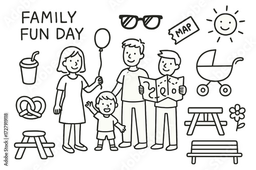 Family Amusement Day. Hand-drawn doodle illustration [Family fun day] [mom, dad, kid, stroller, toy balloon, amusement map, soda cup, pretzel, ride ticket,