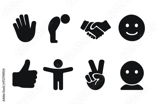 Introduction Gesture Icons. Solid, filled icon set of introduction gestures: waving hand, bowing, handshake, nodding head, smile, thumbs up, open arms, peace