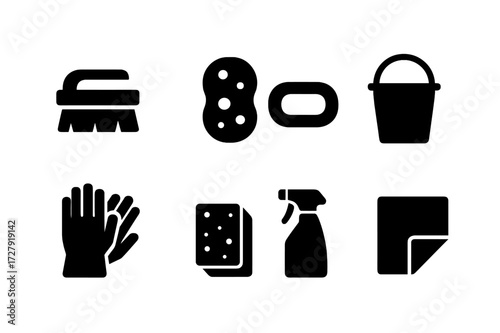 Cleaning Tools Icons. Solid, filled icon set of scrubbing tools: brush, sponge, soap bar, bucket, gloves, scrub pad, spray bottle, cleaning cloth. [Line icons