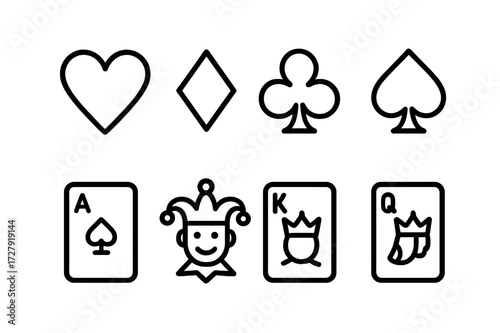 Playing Card Icons. Outline icon set of card suits: hearts, diamonds, clubs, spades, joker, ace, king, queen. Line icons in only black color, consistent stroke