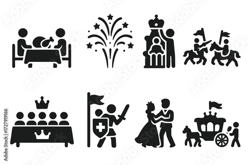 Royal Celebration Icons. Solid, filled icon set of royal celebrations: feast, fireworks, coronation, joust, banquet, tournament, royal dance, parade. Solid,