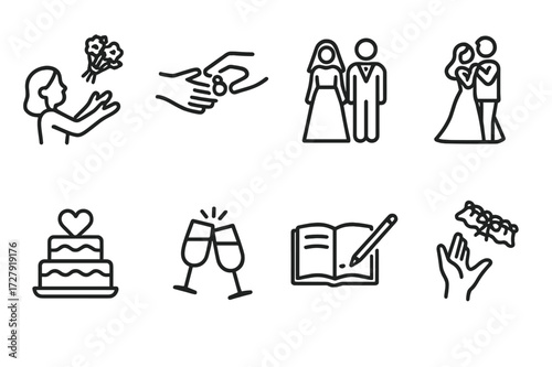 Wedding Tradition Icons. Outline icon set of wedding traditions: bouquet toss, ring exchange, wedding march, first dance, cutting cake, wedding
