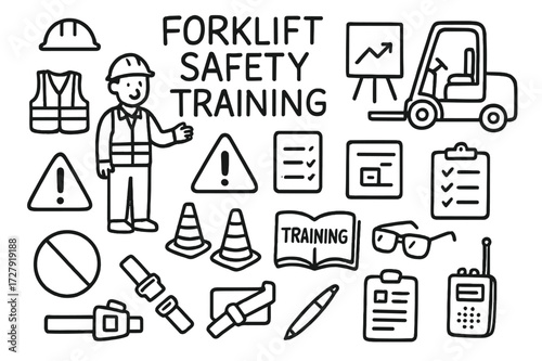Forklift Safety Icons. Hand-drawn doodle illustration [forklift safety training] [helmet, safety vest, instructor, forklift, checklist, warning sign,