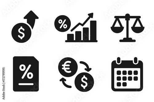 Economic Icon Set. Solid, filled icon set of real interest rate: inflation arrow, money value, adjusted percentage, CPI chart, economic balance, rate document,