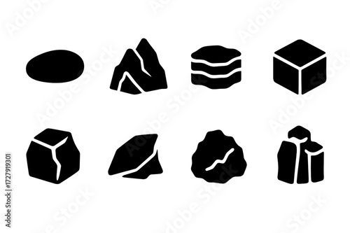 Natural Stone Icon Set. Solid, filled icon set of natural stone forms: river stone, mountain rock, sandstone, granite block, marble chunk, slate piece,