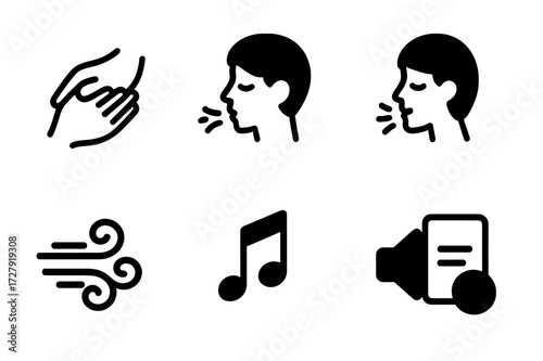Subtle Communication Icons. Solid, filled icon set of subtle communication: gentle touch, soft breath, calm voice, hand gesture for quiet, whispering wind,