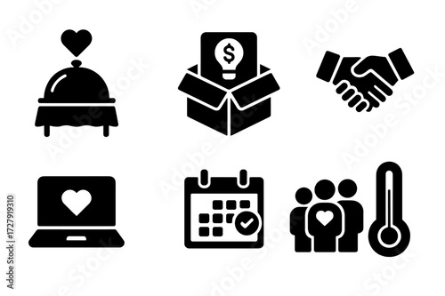 Fundraising Icon Grid. Solid, filled icon set of fundraising activities: charity gala, donation drive, crowdfunding campaign, sponsorship, online fundraiser,