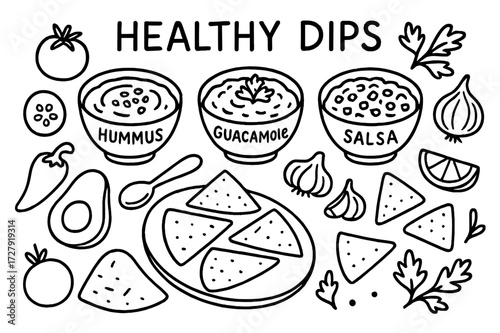 Healthy Dips Doodle. Hand-drawn doodle illustration Healthy dips hummus bowl, guacamole bowl, salsa bowl, spoon, plate, pita bread, tortilla chips, tomato,