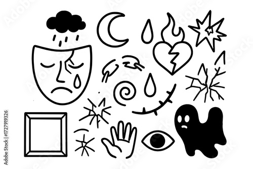 Symbols of Emotional Pain. Hand-drawn doodle illustration Inner pain cracked mask, tear drop, heart, flame, cloud, moon, broken chain, shattered glass, swirl,