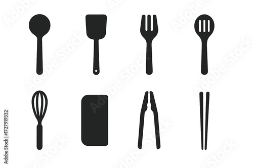Utensil Icon Grid. Solid, filled icon set of stirring utensils shapes: round spoon, flat spatula, slotted spoon, fork whisk, balloon whisk, dough scraper,