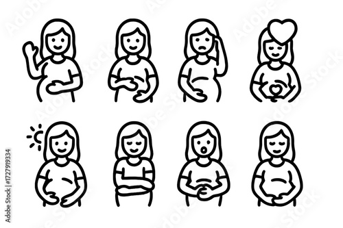 Pregnancy Emotions Icons. Outline icon set of pregnancy emotions: happiness, anticipation, anxiety, love, hope, bonding, excitement, calmness. Line icons in