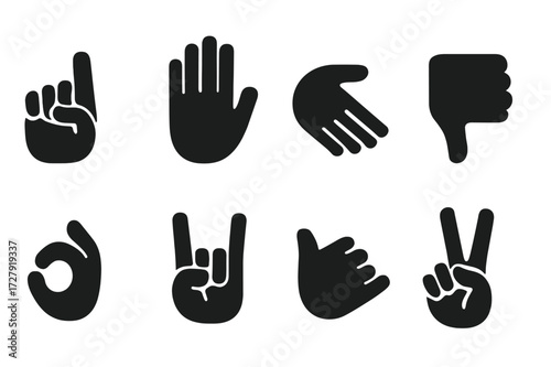 Hand Gesture Icons. Solid, filled icon set of hand signals for communication: sign language, stop hand, come here, thumbs down, okay sign, rock sign, call me