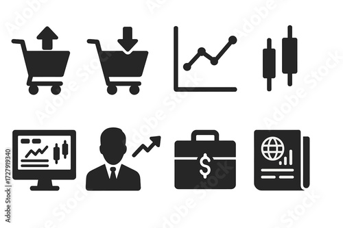 Trading Basics Icons. Solid, filled icon set of trading basics: buy order, sell order, stock chart, candlestick, trading platform, broker, portfolio, market