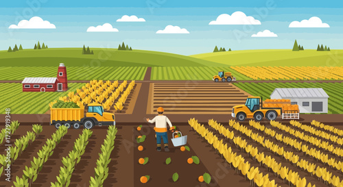 Illustration of modern farm field with farmer harvesting crops, tractors working on agricultural land, barn, and farmland landscape, concept of agriculture, harvest, and agribusiness